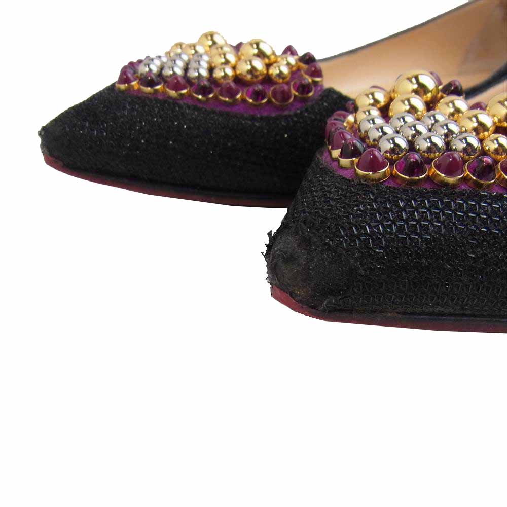 Christian Louboutin クリスチャンルブタン ボール スタッズ ハート ローヒール フラット パンプス ブラック系 37【中古】