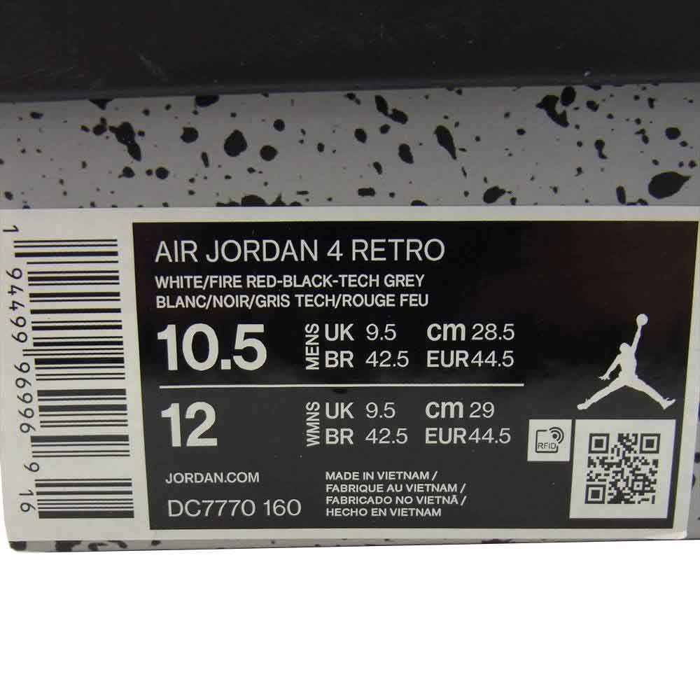 NIKE ナイキ DC7770-160 AIR JORDAN 4 RETRO WHITE/BLACK-TECH GREY-FIRE RED エアジョーダン4 レトロ ホワイト系 28.5cm【新古品】【未使用】【中古】