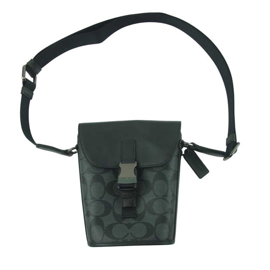 COACH コーチ C3134 トラック スモール フラップ クロスボディ シグネチャー キャンバス ショルダー バッグ ブラック系【中古】