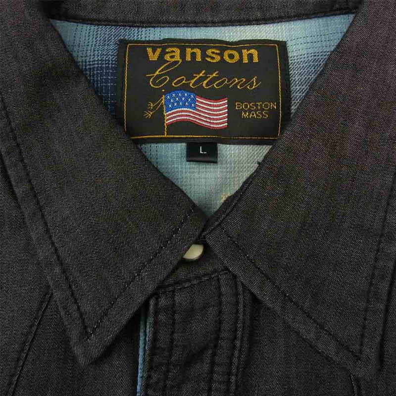 VANSON バンソン 背面 スター 刺繍 コットン 半袖 シャツ  ブラック系 L【中古】