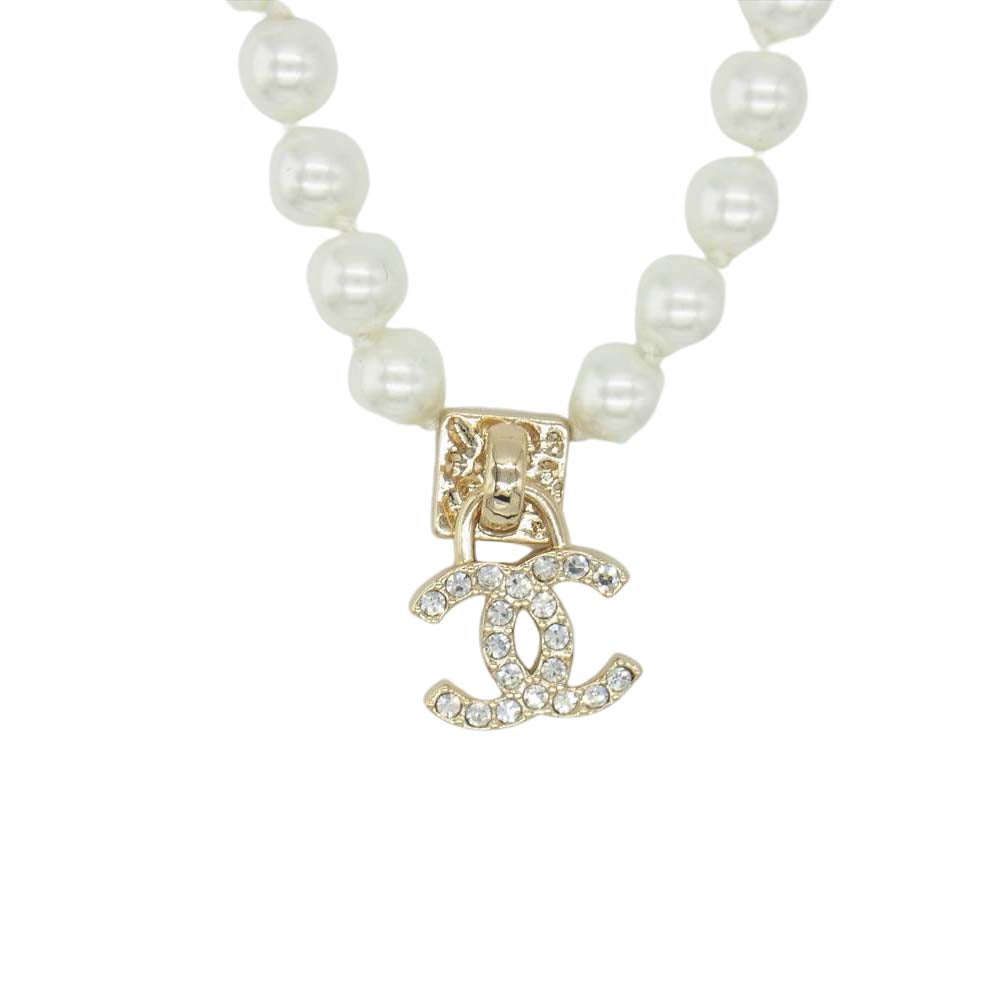 CHANEL シャネル 20A ココマーク ラインストーン フェイクパール ネックレス ホワイト系【中古】