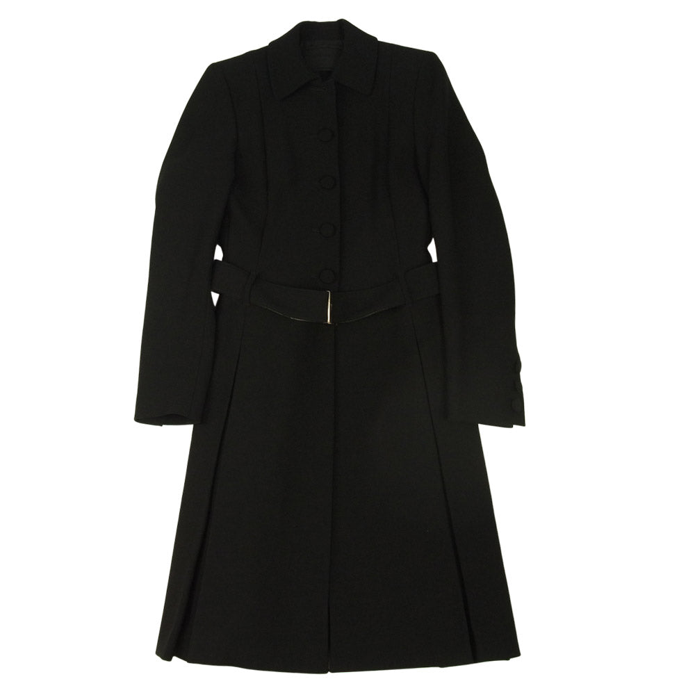 PRADA プラダ サイドプリーツ ロゴバックル ベルテッド コート ブラック系 40【中古】