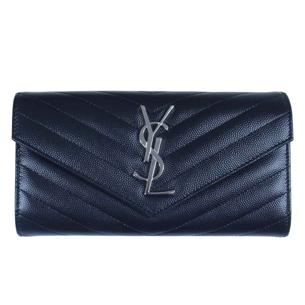 SAINT LAURENT サンローラン 372264 BOW02 LARGE FLAP WALLET YSL シルバー金具 Vステッチ ラージフラップ ウォレット 長財布 ブラック系【美品】【中古】