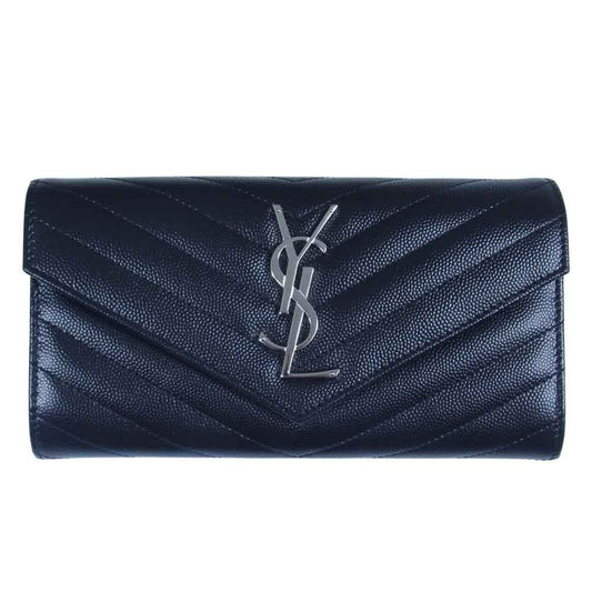 SAINT LAURENT サンローラン 372264 BOW02 LARGE FLAP WALLET YSL シルバー金具 Vステッチ ラージフラップ ウォレット 長財布 ブラック系【美品】【中古】