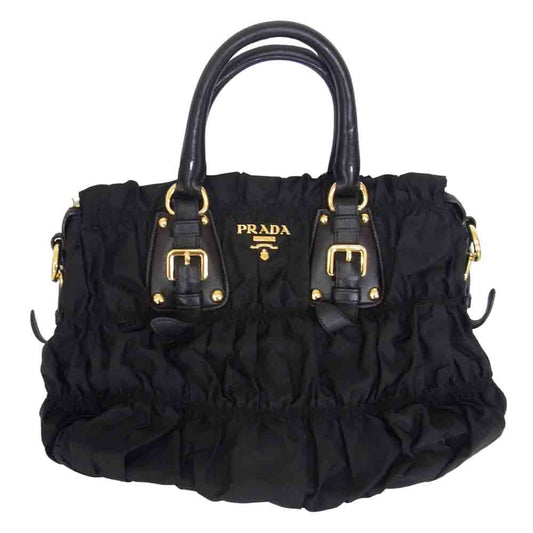 PRADA プラダ BN1336 ギャザー 2WAY バッグ ナッパーロゴ ゴールド金具 ブラック系【中古】