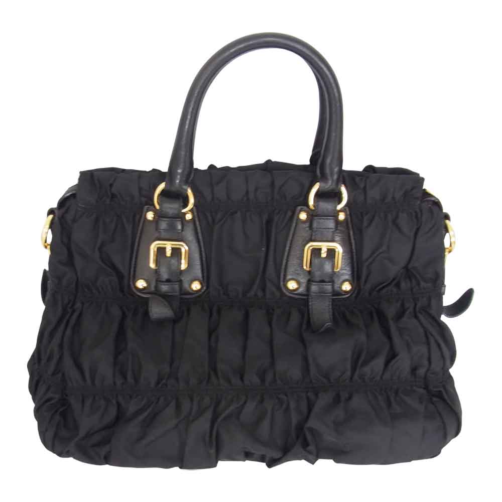 PRADA プラダ BN1336 ギャザー 2WAY バッグ ナッパーロゴ ゴールド金具 ブラック系【中古】
