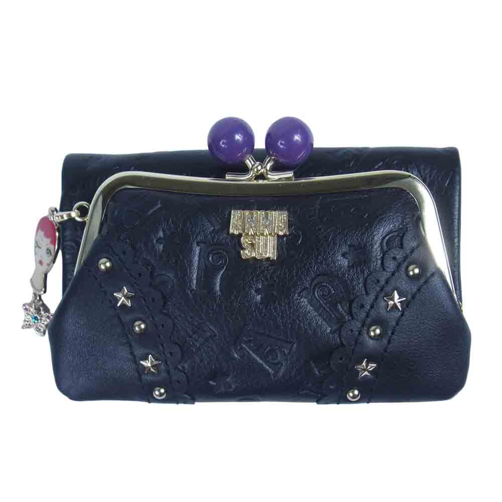 ANNA SUI アナスイ 315821 外口金 二つ折り 牛革 財布 ドール ブラック系【新古品】【未使用】【中古】