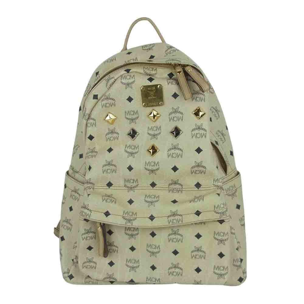 MCM エム・シー・エム ロゴグラム レザー スタッズ デイパック バックパック リュック ベージュ系【中古】