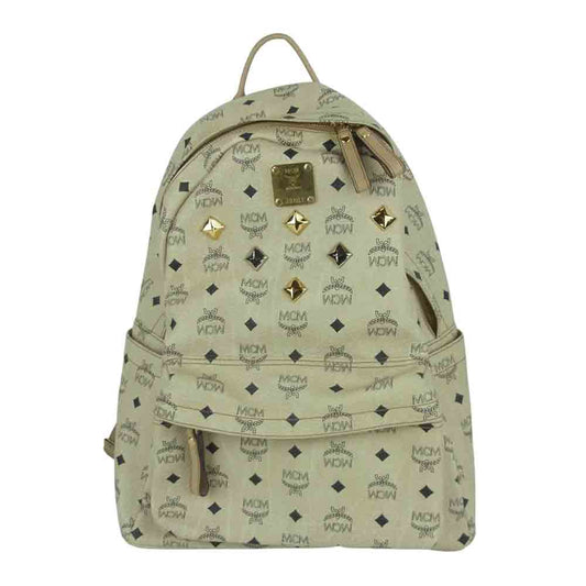 MCM エム・シー・エム ロゴグラム レザー スタッズ デイパック バックパック リュック ベージュ系【中古】