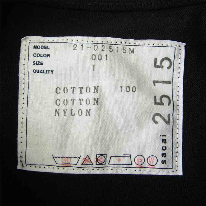 Sacai サカイ 21SS 21-02515M Cotton Jersey Long Sleeve Zip T-Shirt ナイロンドッキング サイドスナップボタン ジップポケット 長袖Tシャツ ブラック系 1【美品】【中古】