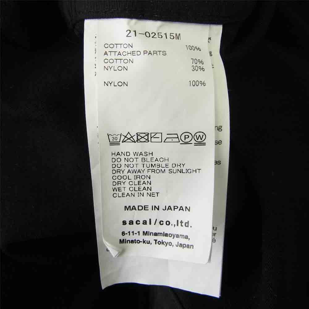 Sacai サカイ 21SS 21-02515M Cotton Jersey Long Sleeve Zip T-Shirt ナイロンドッキング サイドスナップボタン ジップポケット 長袖Tシャツ ブラック系 1【美品】【中古】