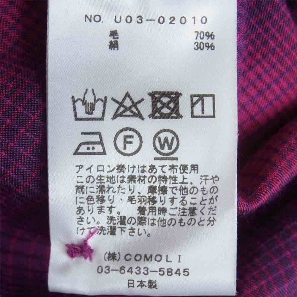 COMOLI コモリ 21AW U03-02010 WOOL WORK SHIRT シルク混 チェック ウール ワーク 長袖 シャツ ピンク系 3【中古】