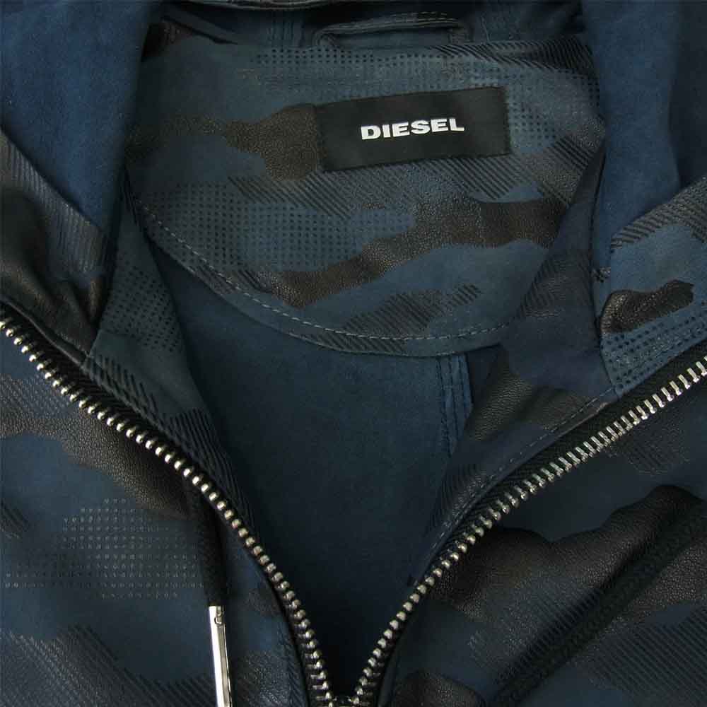 DIESEL ディーゼル 羊革 シープスキン レザー ジップアップパーカー ジャケット カモフラ ネイビー系【中古】