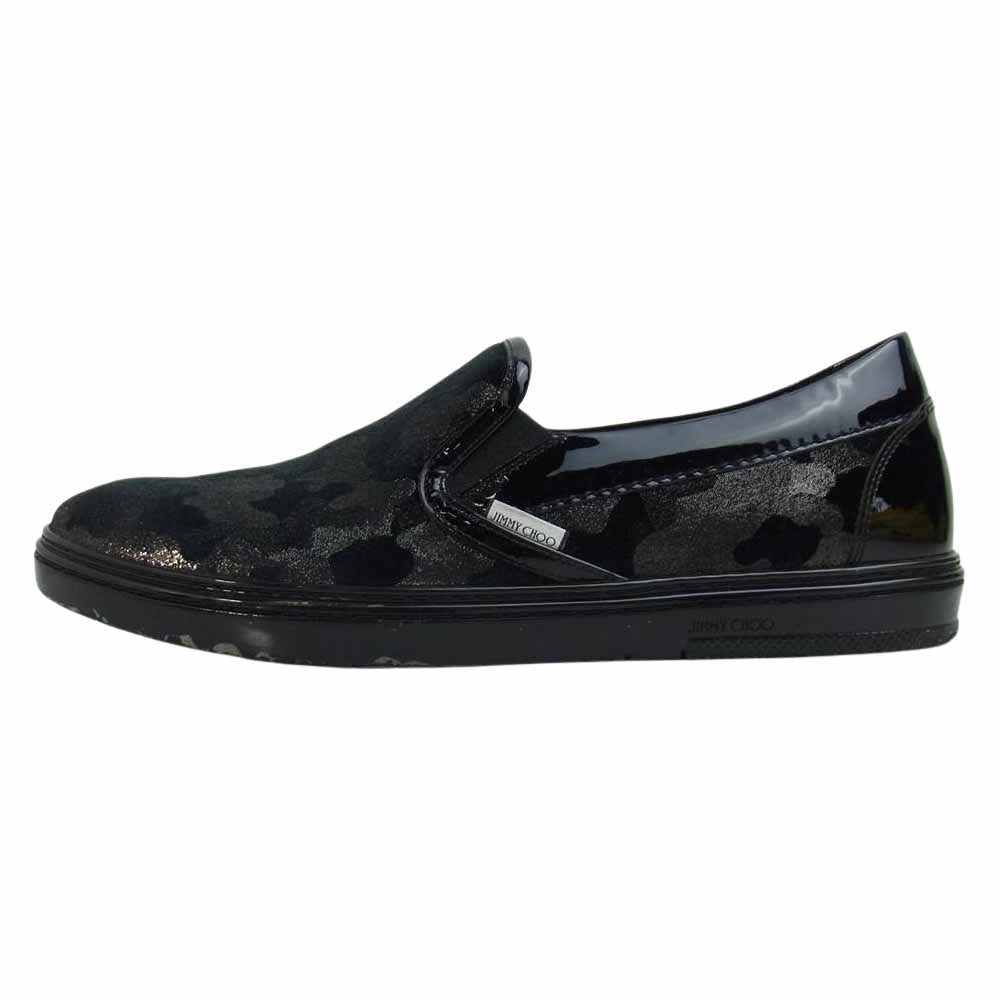JIMMY CHOO ジミーチュウ パテント ベロア ラメ カモフラ スリッポン ブラック系 43【中古】