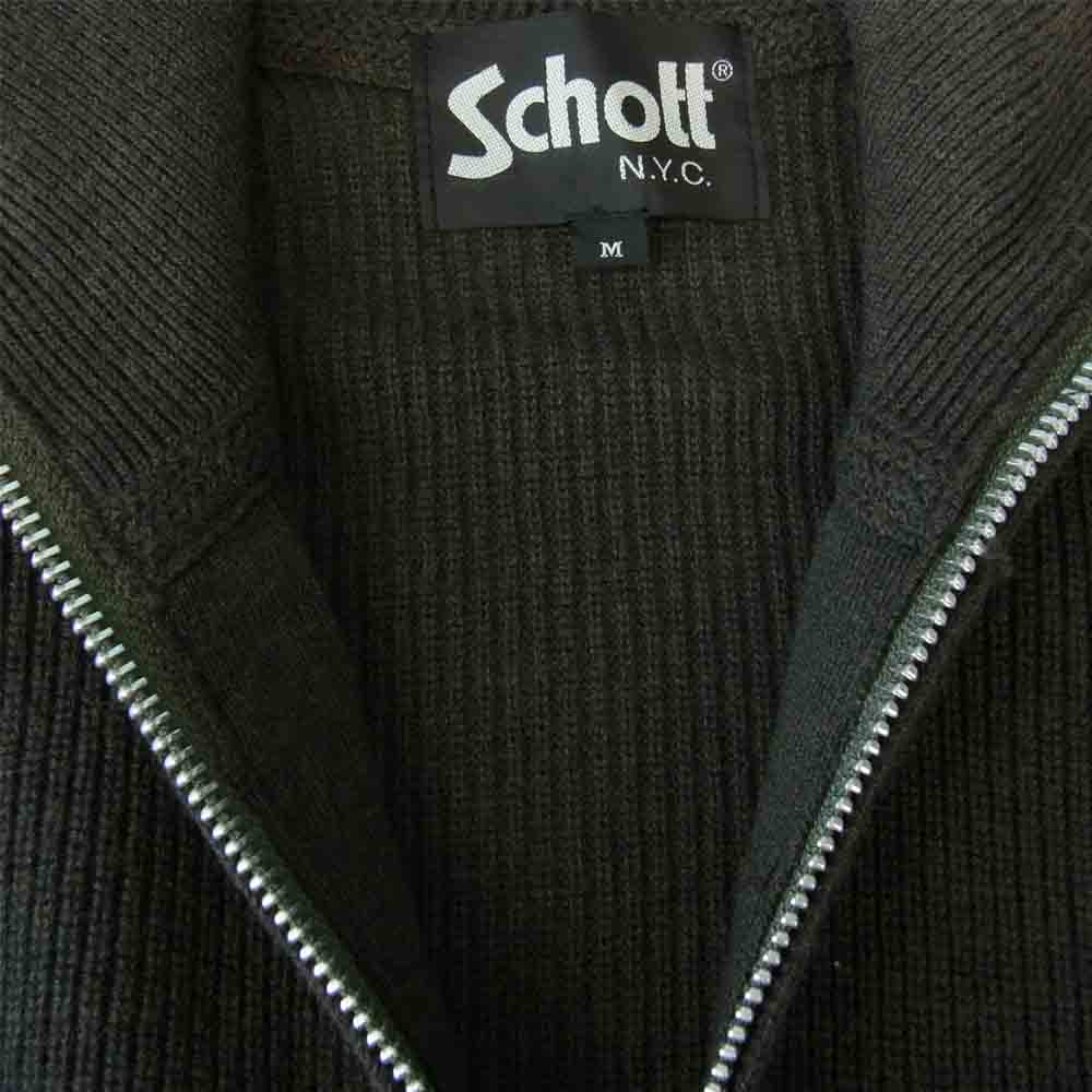 schott ショット 3174008 LEATHER POCKET COMMAND ZIP SWEATER ワンスター レザー ポケット ハーフ ジップ セーター カーキ系 M【中古】