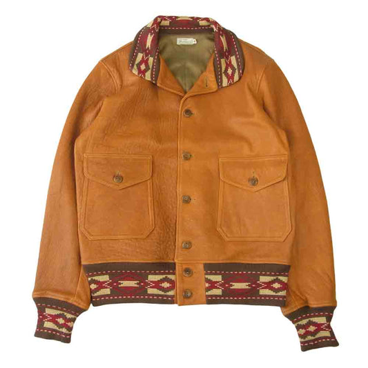 WAREHOUSE ウエアハウス A-1 TYPE LANB LEATHER JACKET ラム レザー ジャケット ジャガード リブ  ライトブラウン系 40【極上美品】【中古】