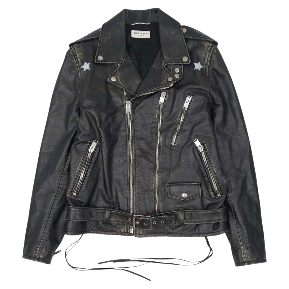 SAINT LAURENT サンローラン 455923 Y5QD1 L17 ヴィンテージ加工 カーフレザー ダブル ライダース モーターサイクル ジャケット ブラック系 50【中古】