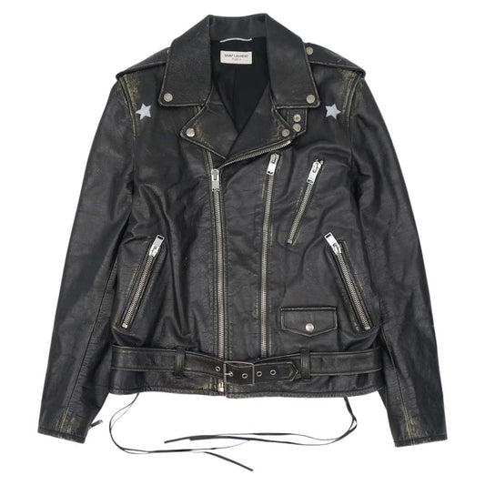 SAINT LAURENT サンローラン 455923 Y5QD1 L17 ヴィンテージ加工 カーフレザー ダブル ライダース モーターサイクル ジャケット ブラック系 50【中古】
