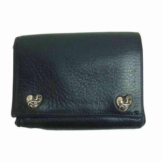 CHROME HEARTS クロムハーツ（原本有） 3FOLD ハートボタン 3フォールド レザー ウォレット ブラック系【中古】