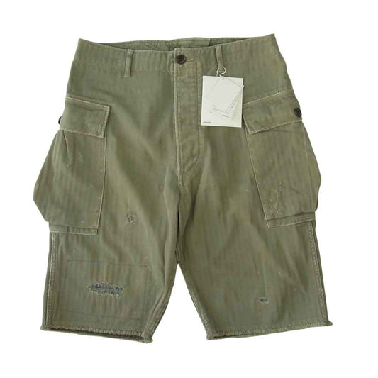 VISVIM ビズビム 20SS 0120105008010 VETERANS SHORTS CRASH ベテランズ ペイント ダメージ加工 ヘリンボーン カットオフ ショート パンツ ショーツ カーキ系 1【中古】