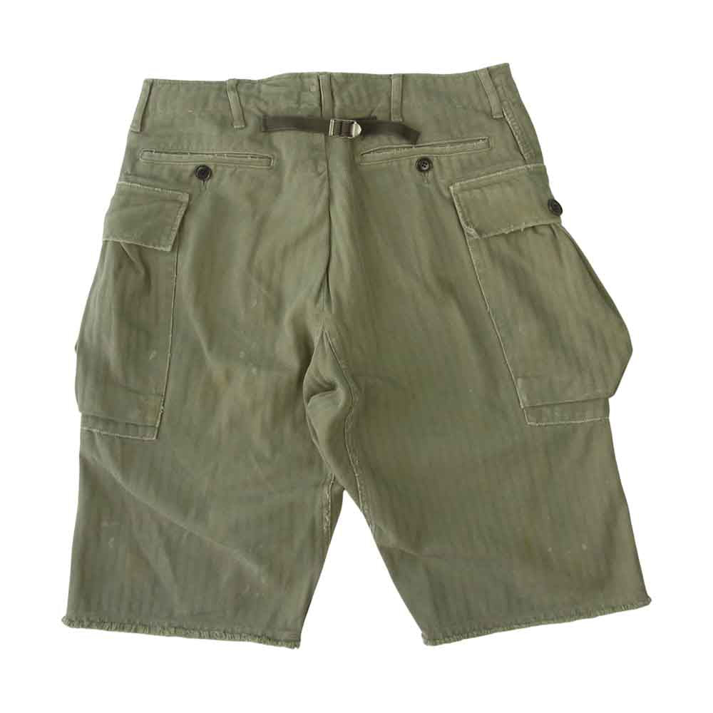 VISVIM ビズビム 20SS 0120105008010 VETERANS SHORTS CRASH ベテランズ ペイント ダメージ加工 ヘリンボーン カットオフ ショート パンツ ショーツ カーキ系 1【中古】
