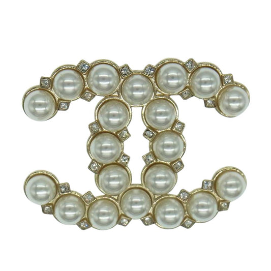 CHANEL シャネル A21A ココマーク フェイクパール ラインストーン ブローチ ゴールド系【中古】