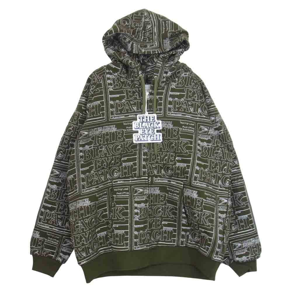 ブラックアイパッチ BEPF18TP02 LABEL 21P HOODIE 刺繍 総柄 パーカー カーキ系 M【新古品】【未使用】【中古】