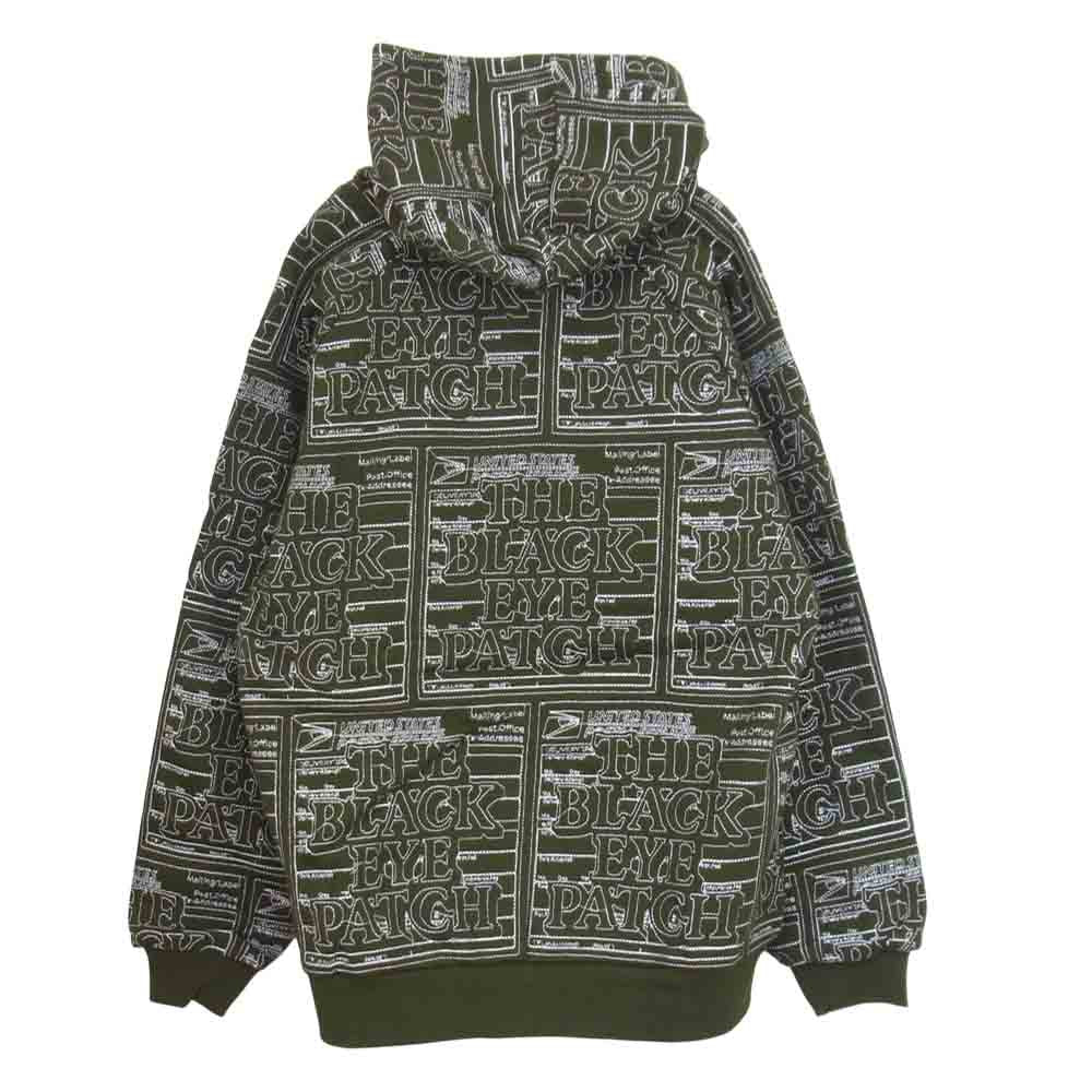 ブラックアイパッチ BEPF18TP02 LABEL 21P HOODIE 刺繍 総柄 パーカー カーキ系 M【新古品】【未使用】【中古】