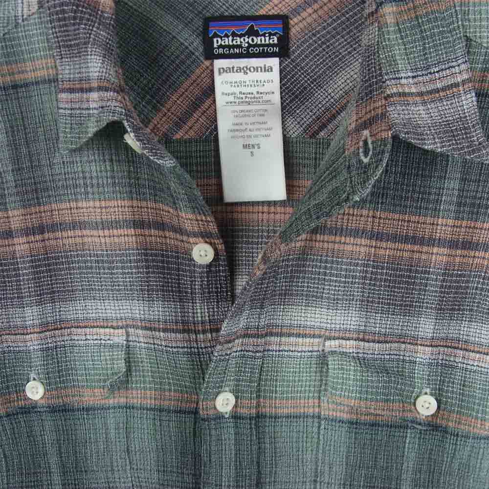patagonia パタゴニア 15SS 53832 Steersman Shirt ステアーズマン オーガニックコットン 長袖 チェック シャツ グリーン系 オレンジ系 S【中古】