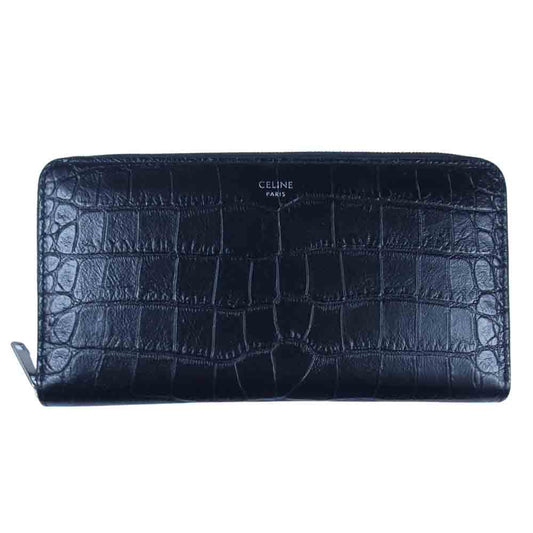 CELINE セリーヌ 10B553CUV 型押し ラウンドジップ ウォレット 長財布 ブラック系【中古】
