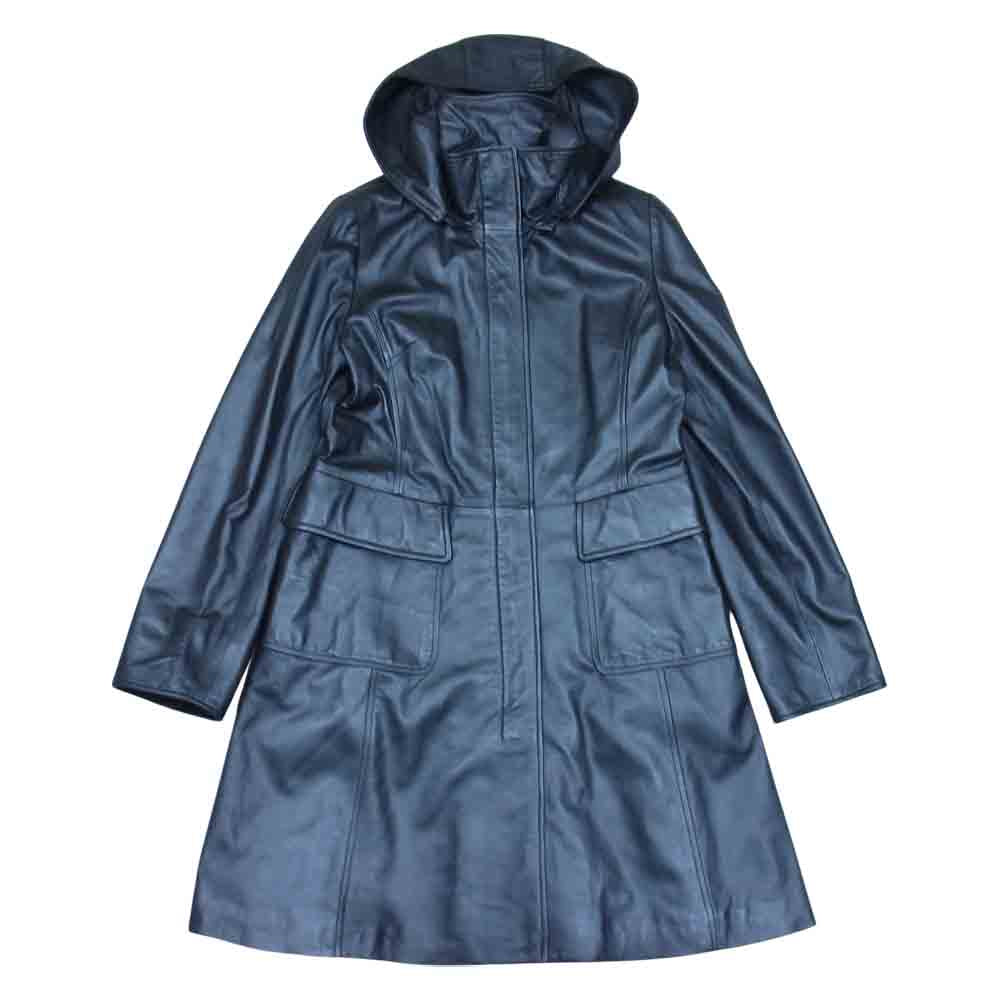 BALMAIN バルマン 1171 フード着脱 撥水加工シープスキン レザー コート ブラック系 13【中古】