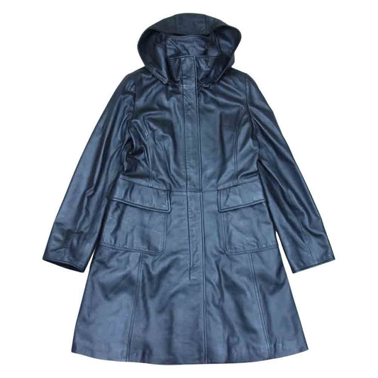 BALMAIN バルマン 1171 フード着脱 撥水加工シープスキン レザー コート ブラック系 13【中古】