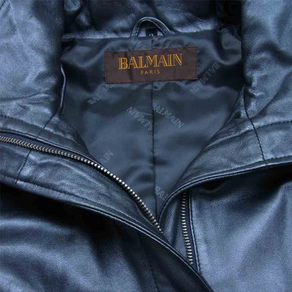 BALMAIN バルマン 1171 フード着脱 撥水加工シープスキン レザー コート ブラック系 13【中古】