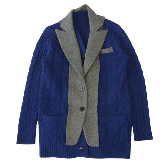Sacai サカイ 14-02115 テーラードカラー ドッキング ケーブルニット カーディガン ブルー系 グレー系 1【中古】