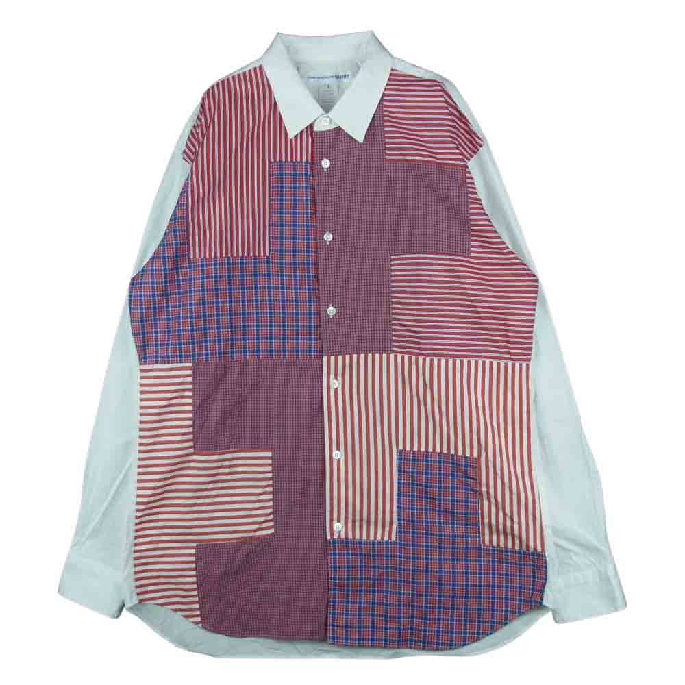 COMME des GARCONS コムデギャルソン SHIRT W27081 パッチワーク 切替 長袖 シャツ ホワイト系 レッド系 L【美品】【中古】