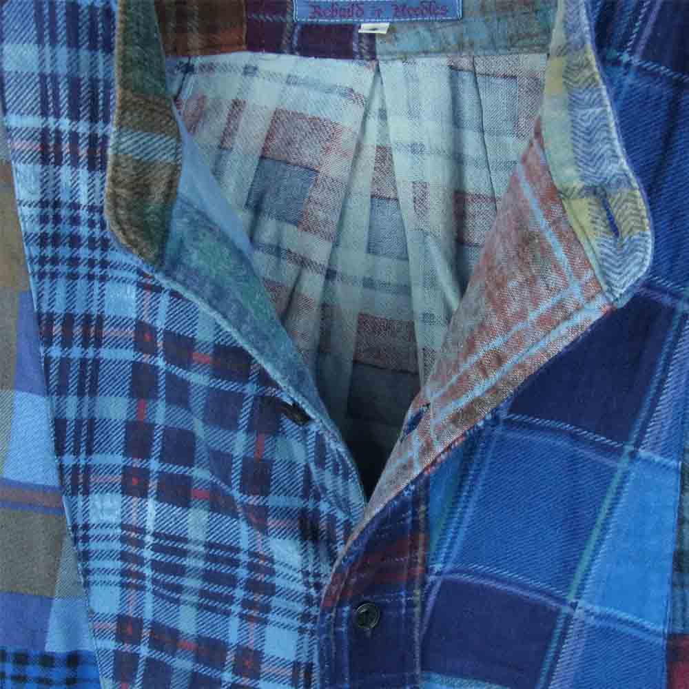 リビルドバイニードルス 解体再構築 リメイク フランネル パッチワーク バンドカラー 長袖 チェック シャツ ブルー系 S【中古】