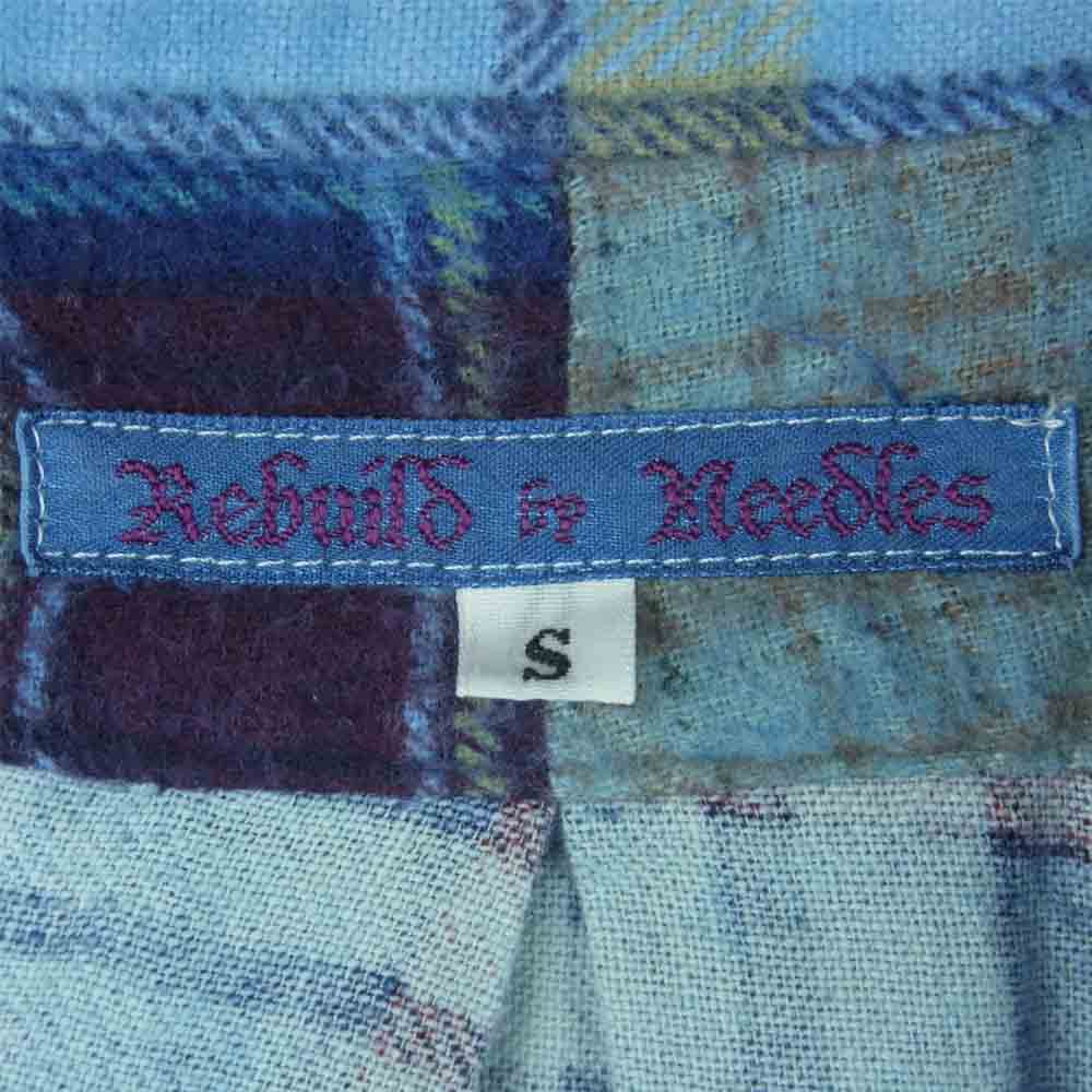 リビルドバイニードルス 解体再構築 リメイク フランネル パッチワーク バンドカラー 長袖 チェック シャツ ブルー系 S【中古】