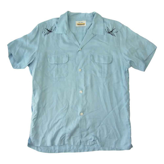 RUDE GALLERY BLACK REBEL ルードギャラリーブラックレーベル オープンカラー ボーリング シャツ 半袖 スワロー 刺繍 ブルー系 L【中古】