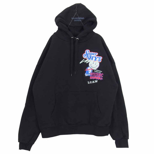 HYSTERIC GLAMOUR ヒステリックグラマー GENZAI COLLAGE HOODIE ゲンザイ カレッジ ロゴ 刺繍 フーディ ブラック系 M【中古】