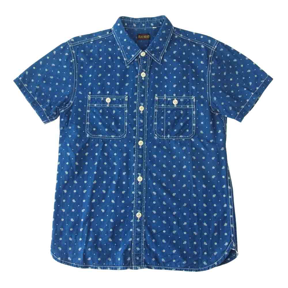 THE FLAT HEAD ザフラットヘッド ペイズリー柄 半袖 ワークシャツ インディゴブルー系 40【中古】