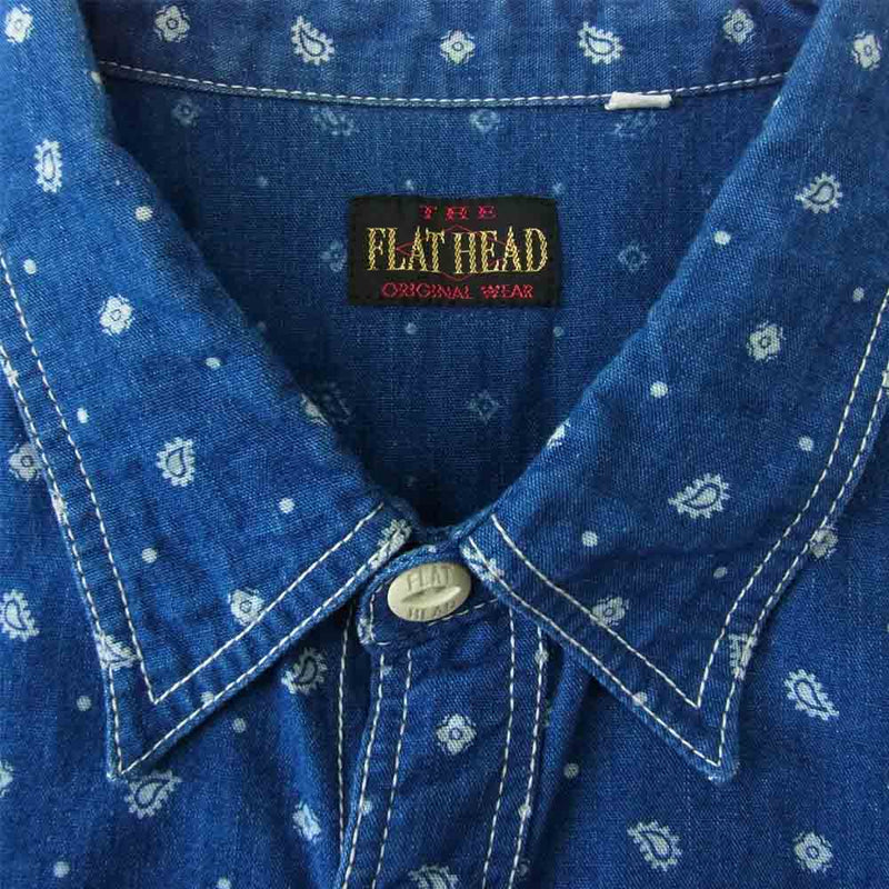 THE FLAT HEAD ザフラットヘッド ペイズリー柄 半袖 ワークシャツ インディゴブルー系 40【中古】