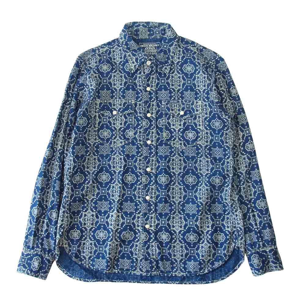 IRON HEART アイアンハート シャンブレー ペイズリー プリント ウエスタン シャツ インディゴブルー系 S【中古】