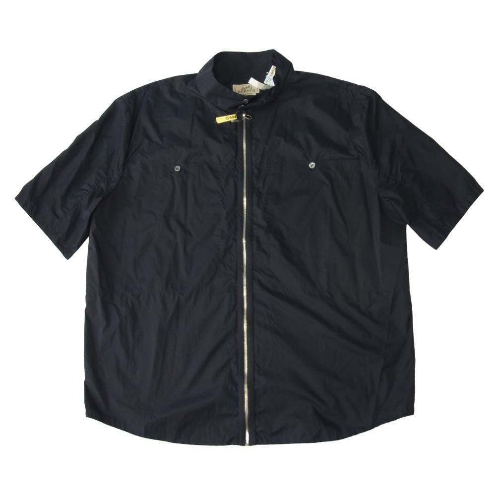 HERMES エルメス ジップアップ ナイロン 半袖 シャツ ネイビー系 54【美品】【中古】