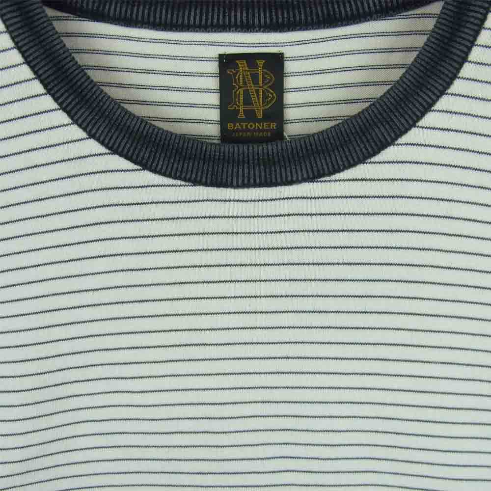 バトナー 21SS BN-21SM-019 GIZA FADE COLOR FINE PITCH BORDER CREW NECK ギザコットン ボーダー クルーネック 長袖 Tシャツ ブラック系 アイボリー系 3【美品】【中古】