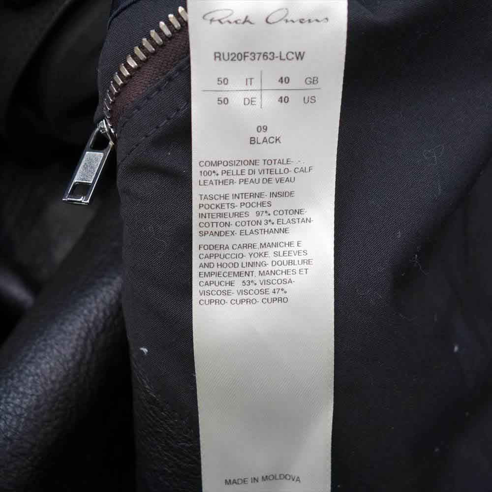 Rick Owens リックオウエンス 20AW RU20F3763LCW イーストランドタグ 着脱式フード付  Leather Jacket カウレザー ジャケット ブルゾン ブラック系 09【美品】【中古】
