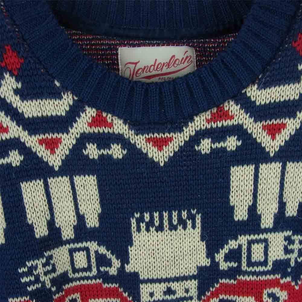 TENDERLOIN テンダーロイン T-SWEATER A ジャガード クルーネック セーター ニット ウール 日本製 ネイビー系【中古】