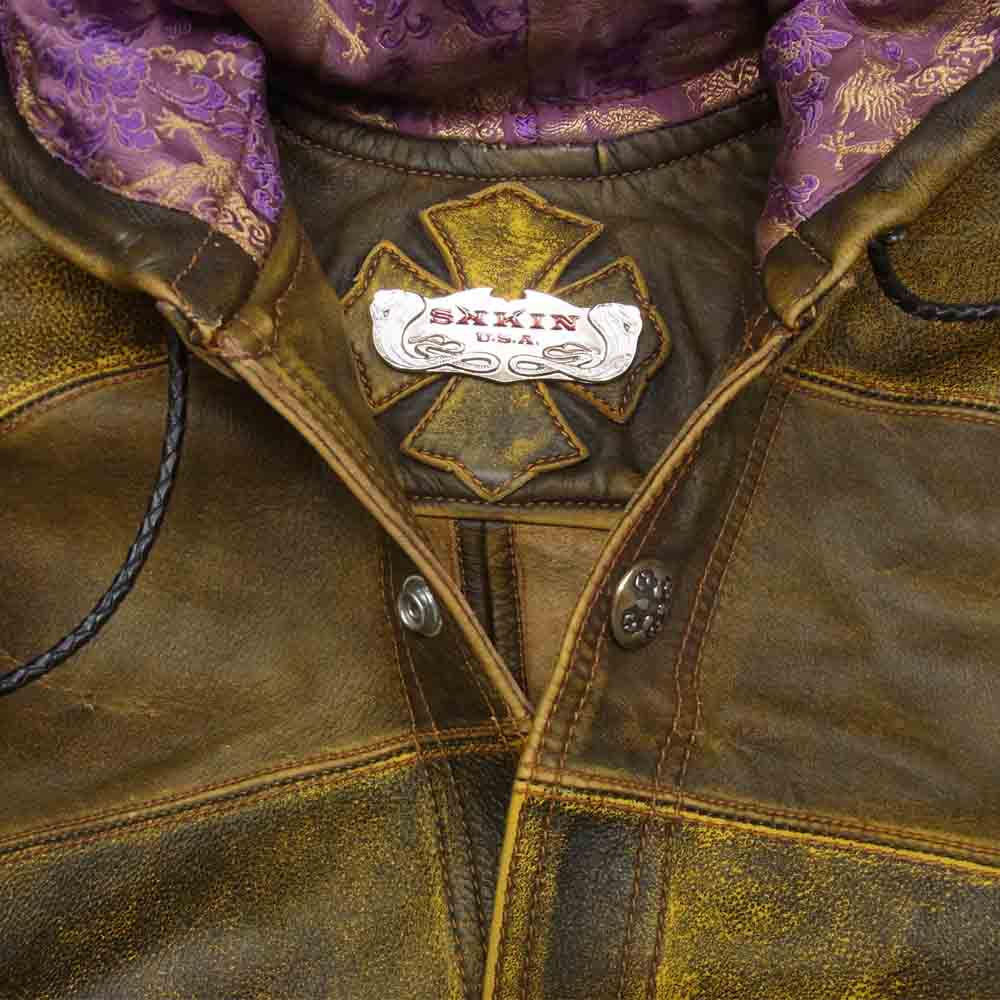 SKKIN スキン レザー 切替 フード付き ジャケット アメリカ製 ブラウン系 イエロー系 M【中古】