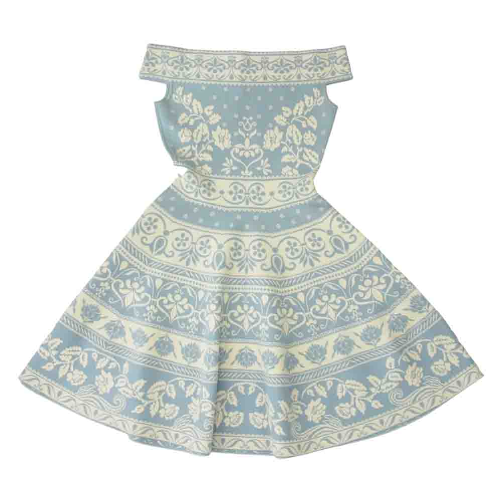 Alexander McQueen アレキサンダーマックイーン 461076 国内正規品 イタリア製 Off Shoulder Flared Jacquard Dress オフショルダー フレア ジャガード ドレス ライトブルー系 XS【中古】