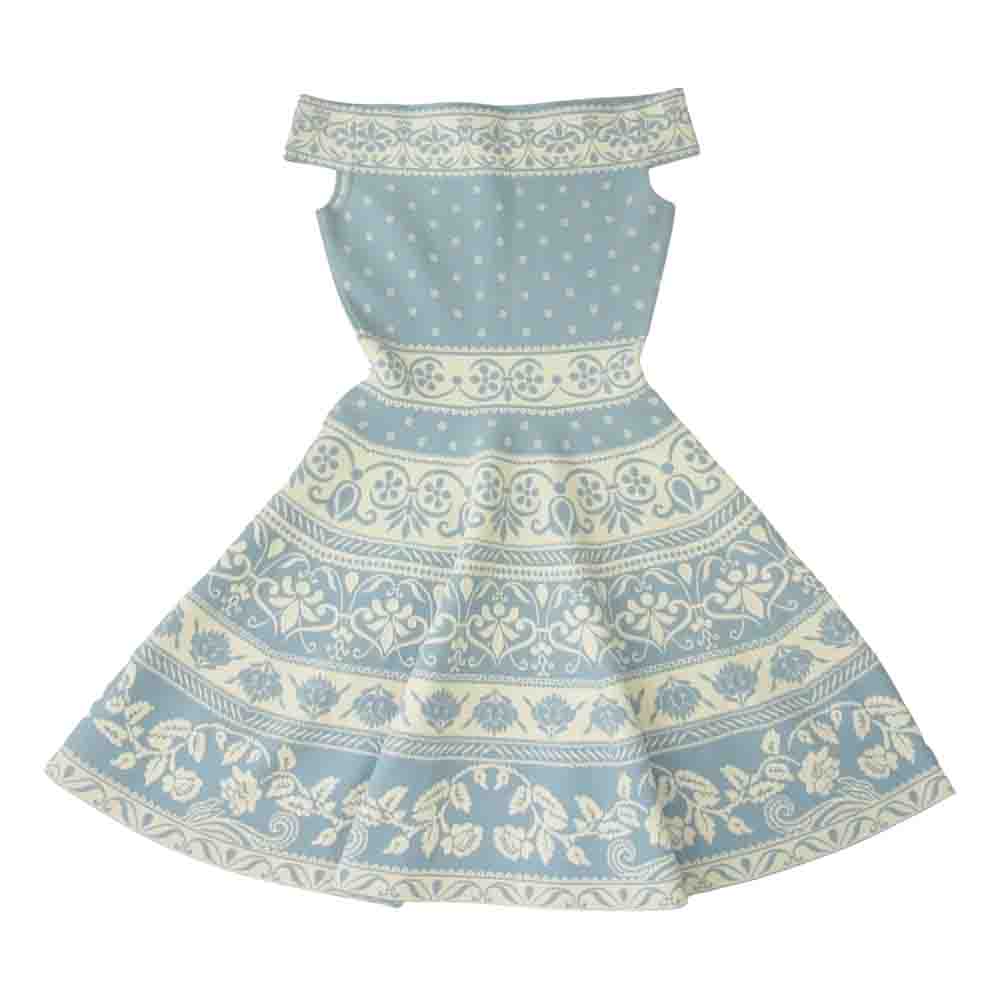 Alexander McQueen アレキサンダーマックイーン 461076 国内正規品 イタリア製 Off Shoulder Flared Jacquard Dress オフショルダー フレア ジャガード ドレス ライトブルー系 XS【中古】