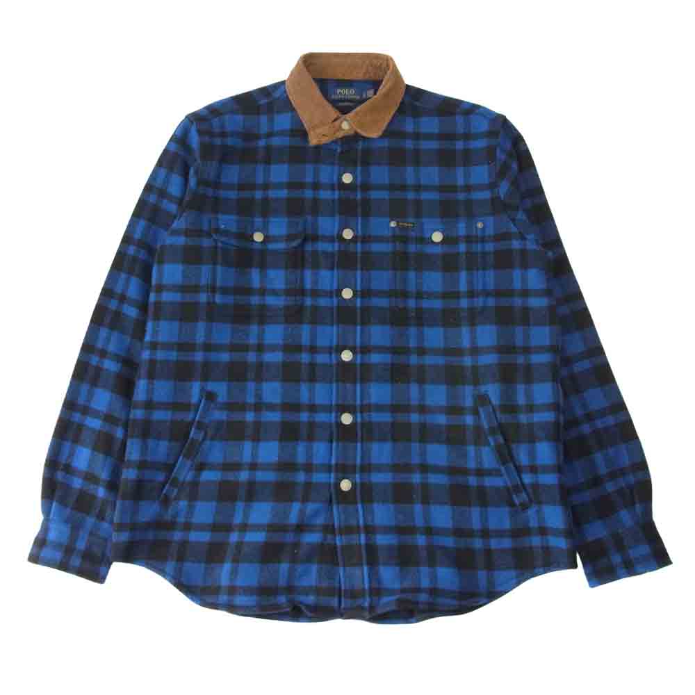 POLO RALPH LAUREN ポロ・ラルフローレン 襟 コーデュロイ チンストラップ ウール チェック シャツ ジャケット ブラック系 ブルー系 L【中古】